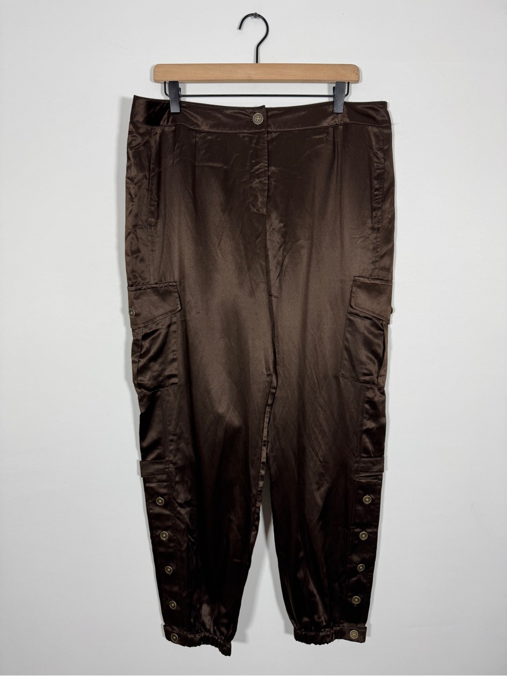 WP145 {Chico's} "Casablanca Cargo" Brown Silk Elastic Waist Jogger Pants